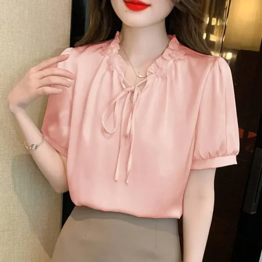 Elegant Short Sleeve Ruffled V-Neck Casual Blouse