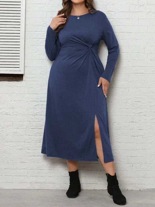 Elegant Plus Size Blue Long Sleeve Casual Formal Dress - Image 3