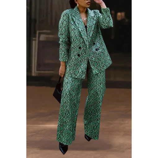 Plus Size Green Print Lapel Blazer Pant Set