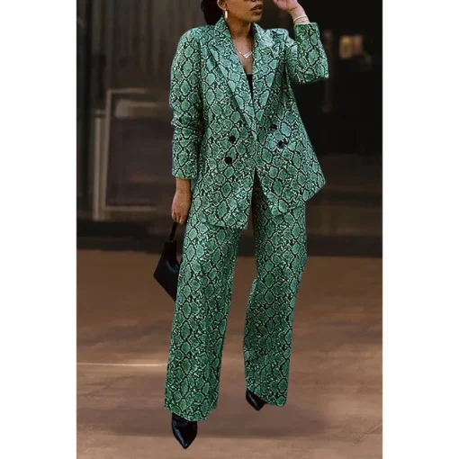 Plus Size Green Print Lapel Blazer Pant Set - Image 3