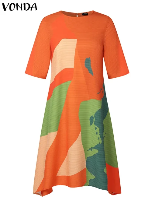 Women's Printed Asymmetrical Bohemian Summer Half Sleeve Dress - Image 2