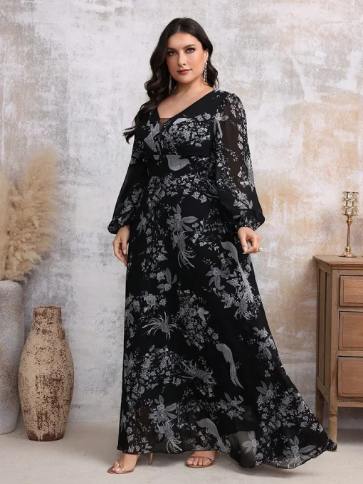 Elegant V-Neck Lace Mesh Floral Plus Size Maxi Dress - Image 5