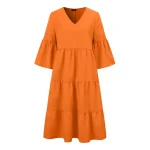 Summer Midi Dress, 3/4 Sleeve Flare Pleated Sundress