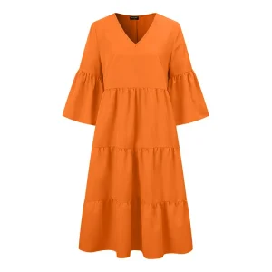 Summer Midi Dress, 3/4 Sleeve Flare Pleated Sundress