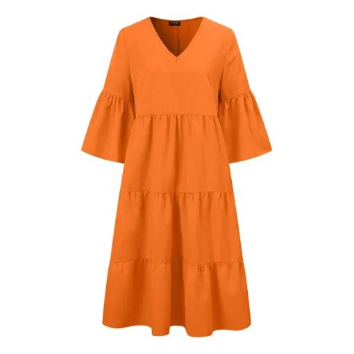 Summer Midi Dress, 3/4 Sleeve Flare Pleated Sundress