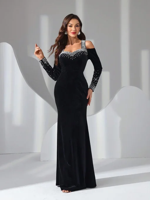 Women's Velvet Bow Tie Backless Evening Prom Maxi Dress - Image 6