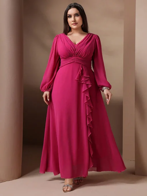 Plus Size Solid Color Ruffle Sleeve Formal Party Dress - Image 6