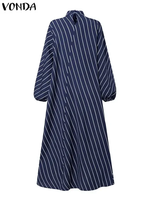 Elegant Autumn Maxi Dress High Neck Long Sleeve Striped Sundress - Image 3