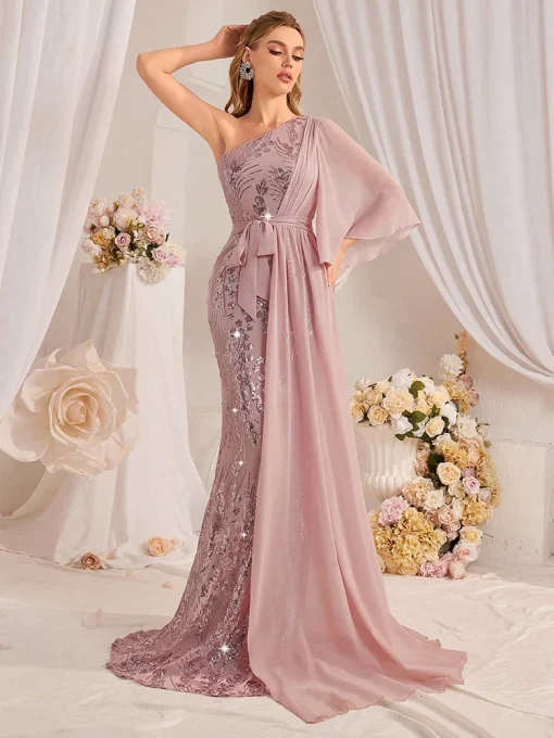 Luxury Sequin One Shoulder Long Maxi Gown Dress