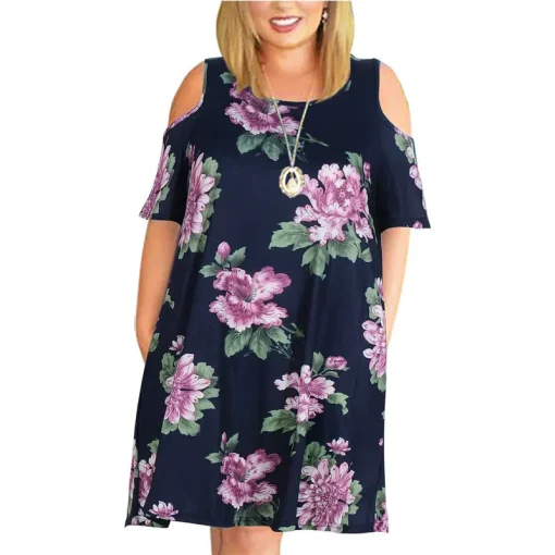 Plus Size Loose Off-Shoulder Printed Summer Dress - Image 3