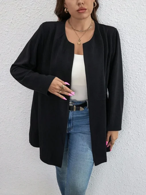 Plus Size Monochrome Black Crew Neck Long Blouse - Image 3