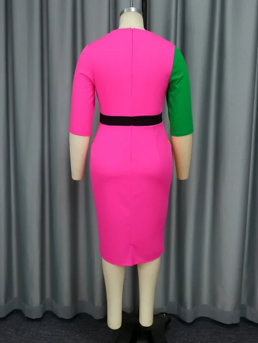 Color Block Midi Dress with V-Neck and Half Sleeves - Image 3