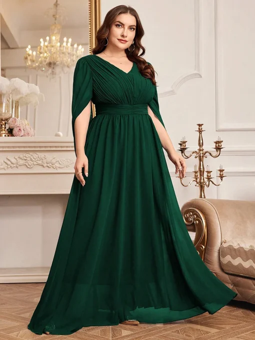 Luxury V-Neck Solid Dress with Embellished Waistband for Plus Size - Image 5