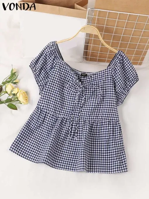 Women's Plaid V-Neck Bohemian Short Sleeve Blouse - Image 2