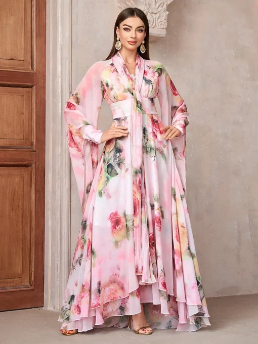 Elegant Floral Print High-Waist Bell Sleeve Maxi Dress