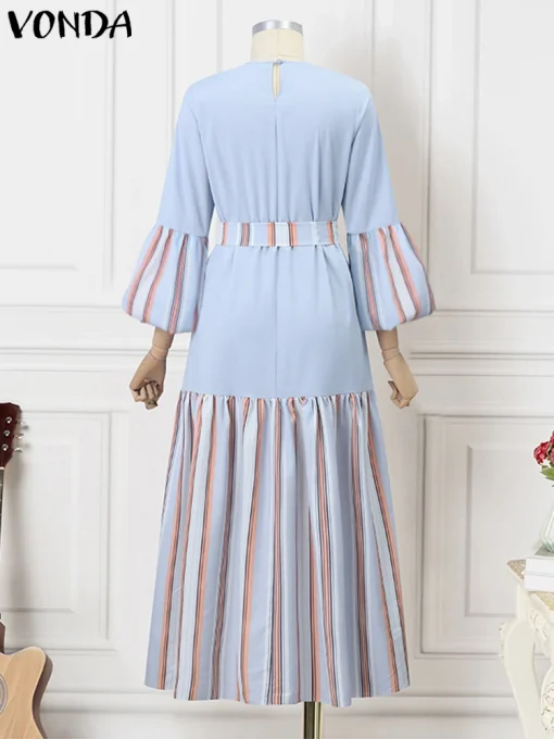 Plus Size Elegant Bohemian Long Sleeve Belted Dress - Image 3