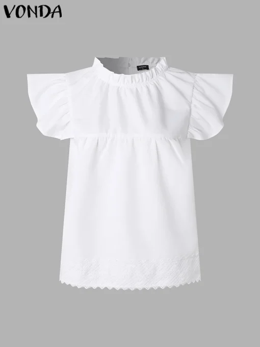 Women’s Elegant Ruffled Short Sleeve Stand Collar Blouse - Image 2