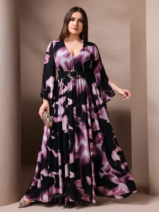 Elegant Plus Size V-Neck Tie Dye Wrap Maxi Dress - Image 4