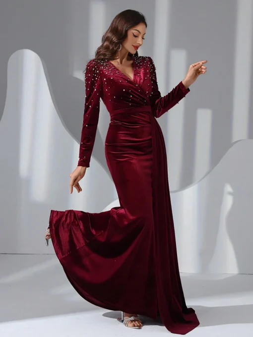 Women Long Sleeve Bead Crystal Embellished Evening Gown - Image 5