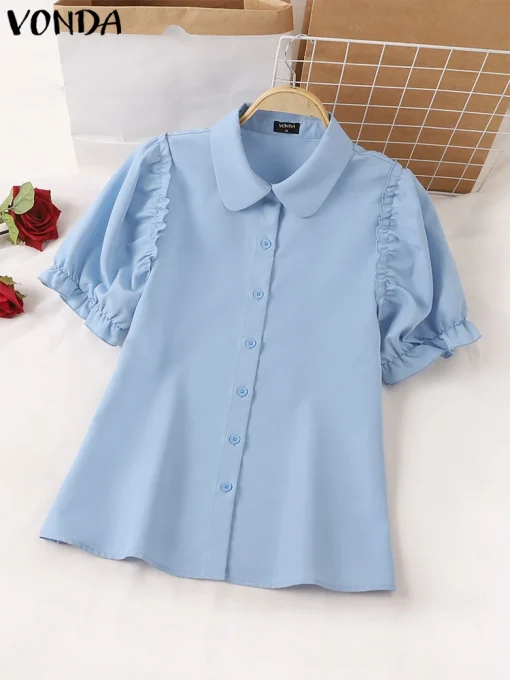 Elegant Solid Color Puff Sleeve Summer Tunic Tops - Image 2