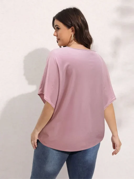 Elegant Plus Size Pink V-Neck Short Sleeve T-Shirt