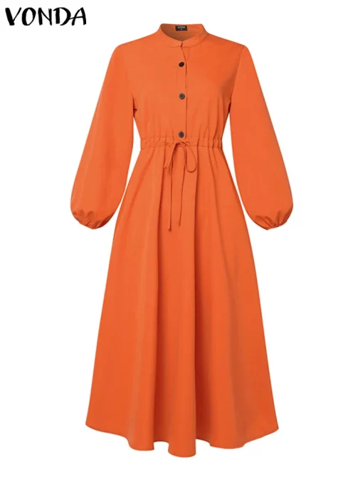 Plus Size Elegant Midi Dress with Long Lantern Sleeves - Image 2