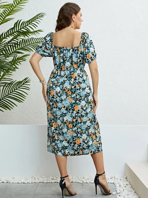 Elegant Plus Size One Shoulder Floral Split Party Dress - Image 2