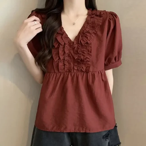 Women’s Elegant Ruffled V-Neck Short Sleeve Blouse - Image 5