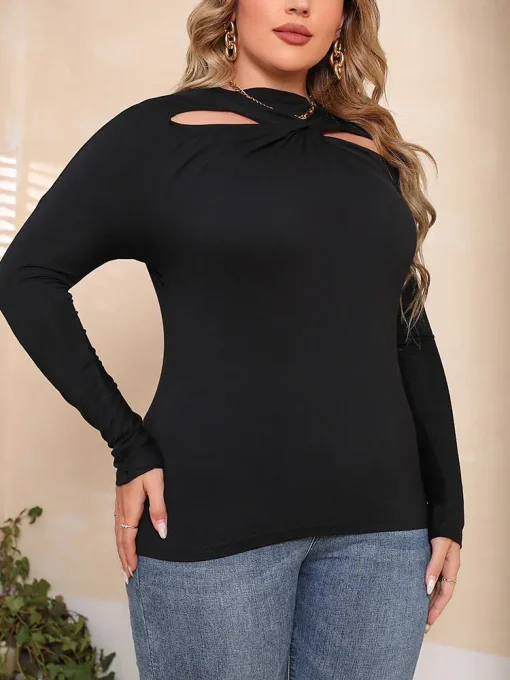 Elegant Plus Size Black Hollow Out Long Sleeve Blouse - Image 3