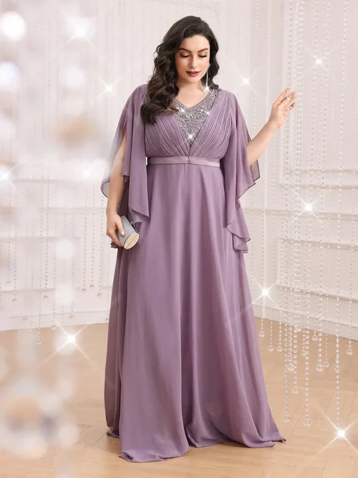 Plus Size V-Neck Solid Rhinestone Decorated Split Sleeve Dress