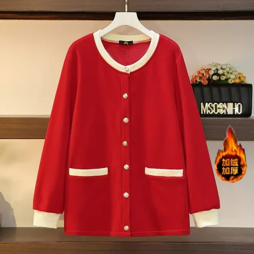 Plus Size Women's Loose Red Velvet Button Jacket - Image 7