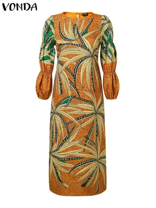 Bohemian Plus Size Printed Puff Sleeve Maxi Dress - Image 2