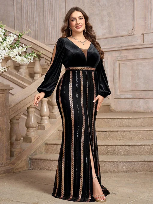 Elegant Plus Size Embellished Floral Party Maxi Evening Gown - Image 2