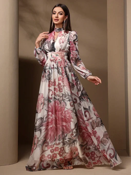 Floral Print Cut-Out Long Sleeve High Waist Summer Maxi Dress - Image 6