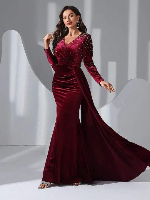 Women Long Sleeve Bead Crystal Embellished Evening Gown