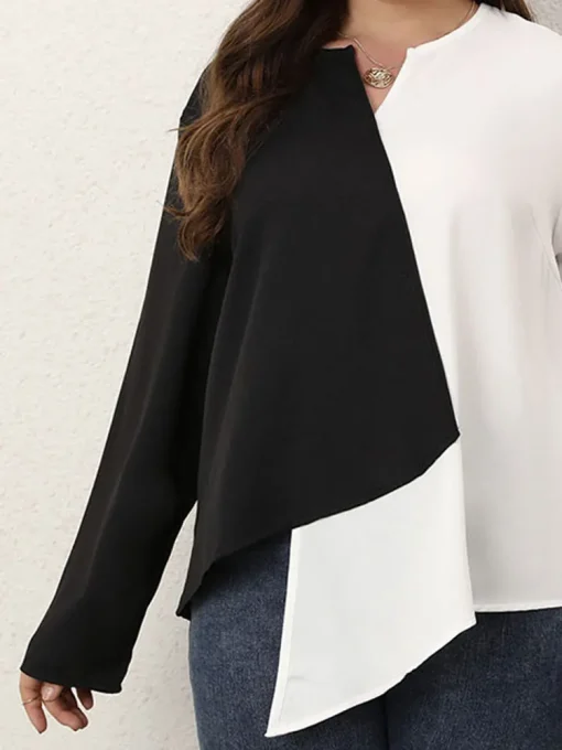 Elegant Plus Size Long Sleeve V-Neck Patchwork Blouse - Image 4