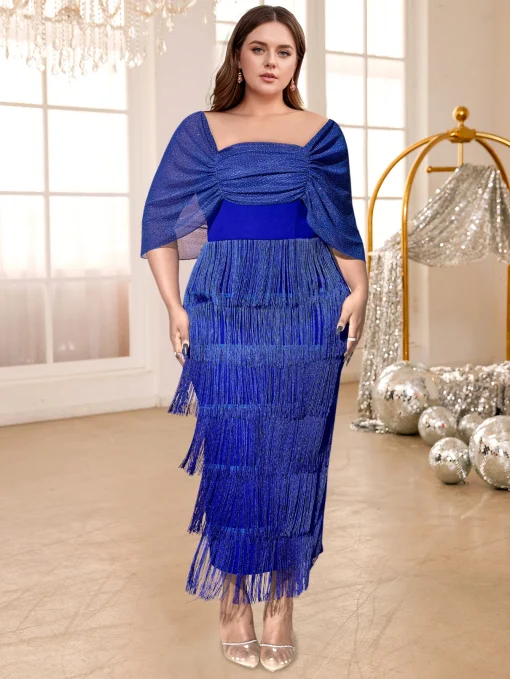 Elegant Off Shoulder Tassel Patchwork Long Evening Party Dress