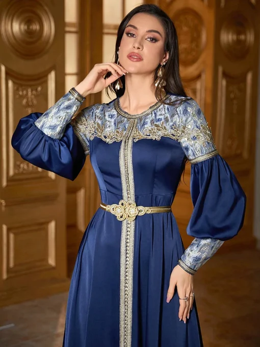 Luxury Elegant Eid Muslim Arabian Embroidered Long Sleeve Dress - Image 3