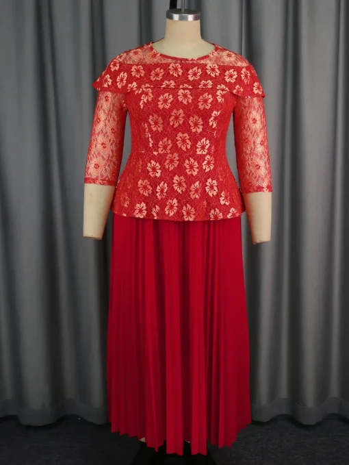 Elegant Red Lace A-Line Dress with Floral Patchwork - Image 2