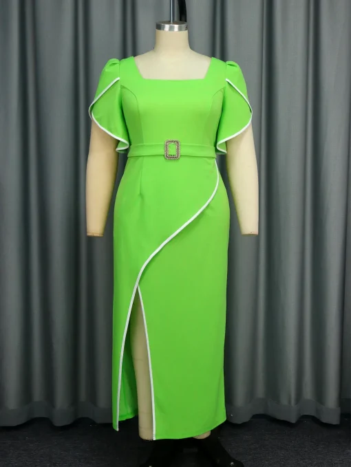 Elegant Green High Split Party Dress with Ruffle Sleeves - Image 2