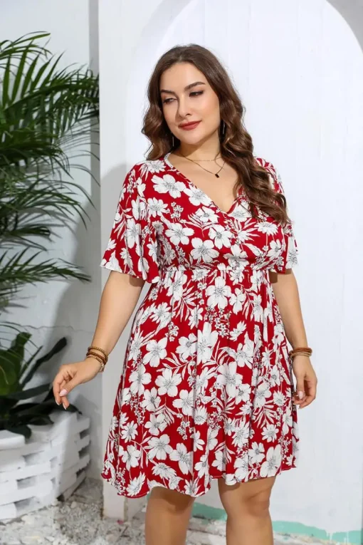 Elegant Plus Size V-Neck Floral Loose Summer Party Dress - Image 2