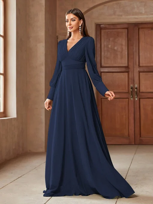 Luxury Elegant V-Neck Solid Color Long Sleeve Evening Dress - Image 2