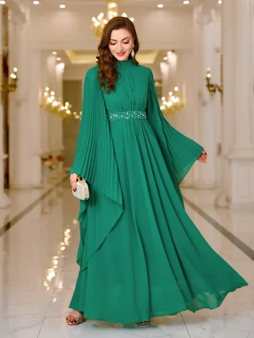 Luxury Women’s Pearl Embellished Batwing Sleeve Pleated Dress