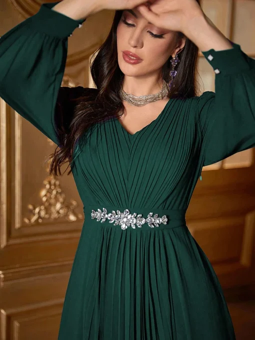 Elegant Rhinestone Embellished Long Sleeve Pleated Swing Dress - Image 3