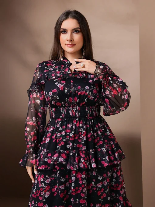 Plus Size Floral Print Mesh V-Neck Flare Sleeve Dress - Image 3