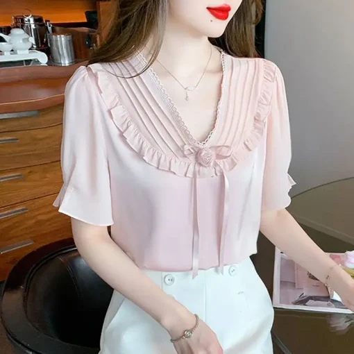 Casual V-Neck Blouse with Floral Design for Women