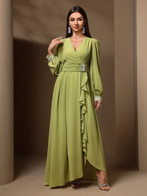 Elegant Draped Maxi Dress with Ruffles and Rhinestones - Image 2