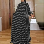 Elegant Autumn Maxi Dress High Neck Long Sleeve Striped Sundress