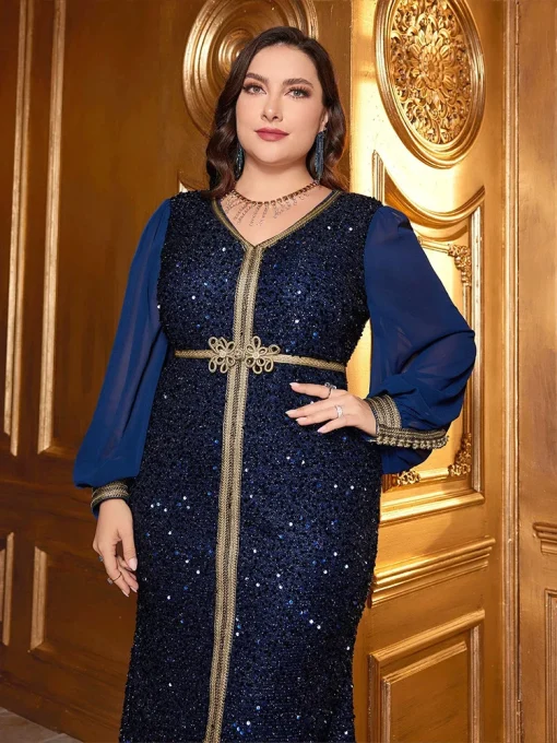 Plus Size Vintage Sequin V-Neck Maxi Evening Dress - Image 4