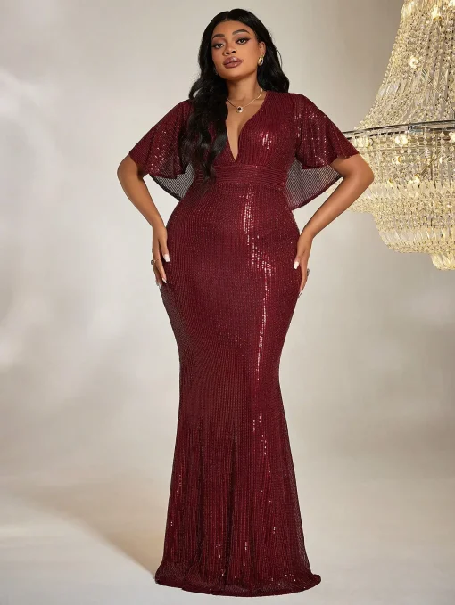 Plus Size Long Sleeve Sequined Fish Tail Maxi Dress